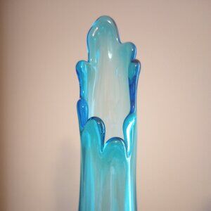 Blue Peacock Swung Glass Pedestal Vase 14.5" tall Moon & Stars Pressed Glass